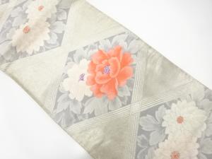 アンティーク　斜め格子に牡丹・菊模様織り出し袋帯（材料）